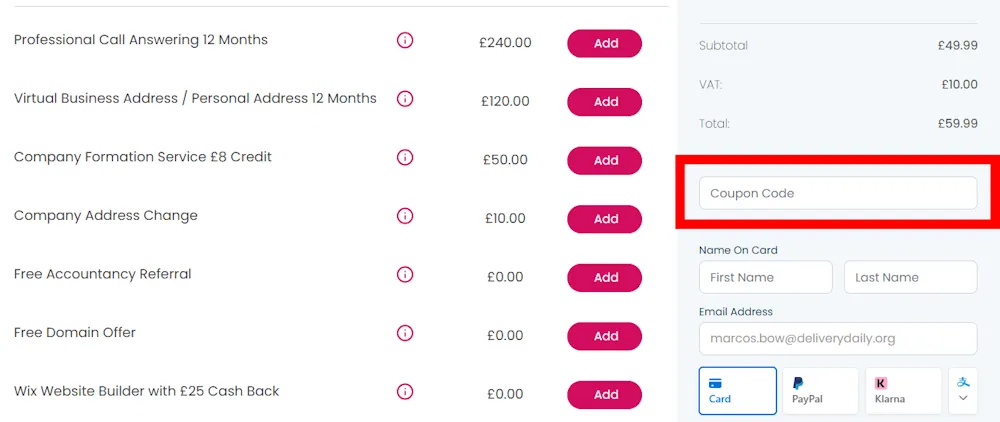 Screenshot showing where to apply a Virtual Office London promo code during checkout on www.yourvirtualofficelondon.co.uk.