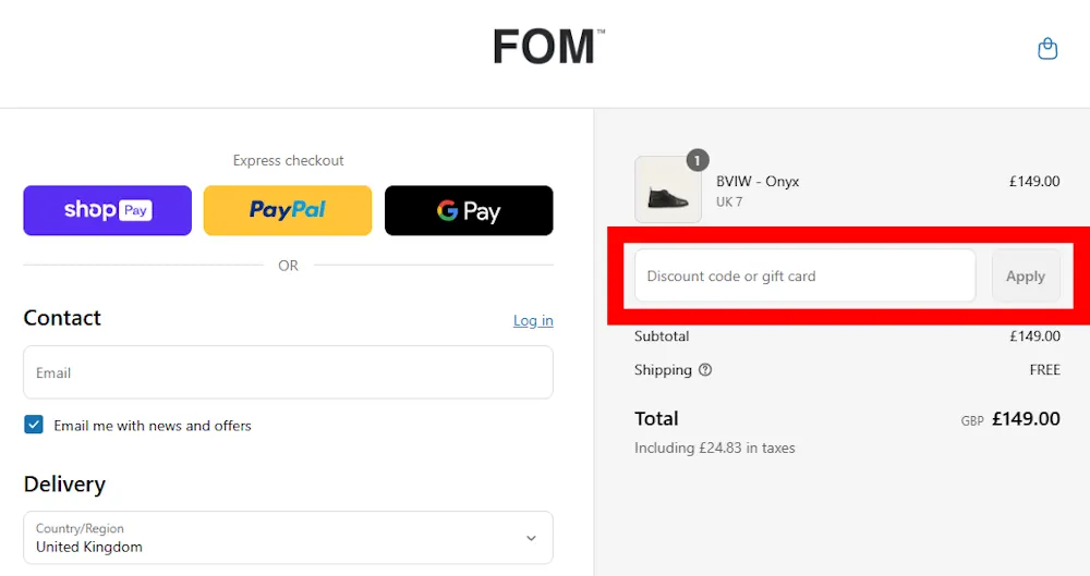 Screenshot showing where to apply a FOM promo code at checkout on www.fombrand.com.