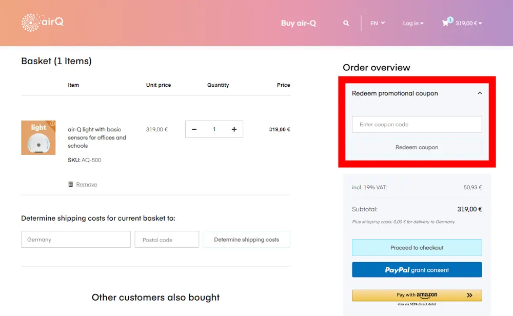 Screenshot where to enter your air-Q voucher on shop.air-q.com
