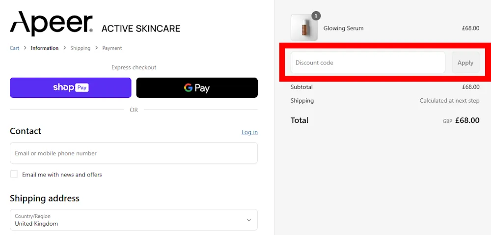 Screenshot showing where to enter an Apeer Beauty promo code in the checkout code box on apeerbeauty.co.uk.