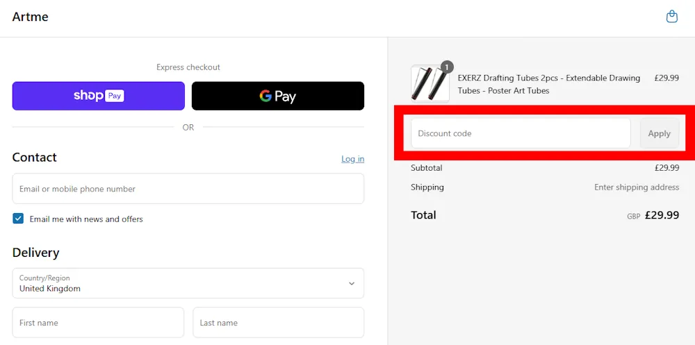 Screenshot showing where to apply a artme promo code during checkout on www.artme.co.uk.