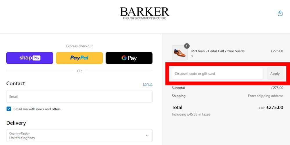 Screenshot showing where to apply a Barker promo code during checkout on www.barkershoes.com.