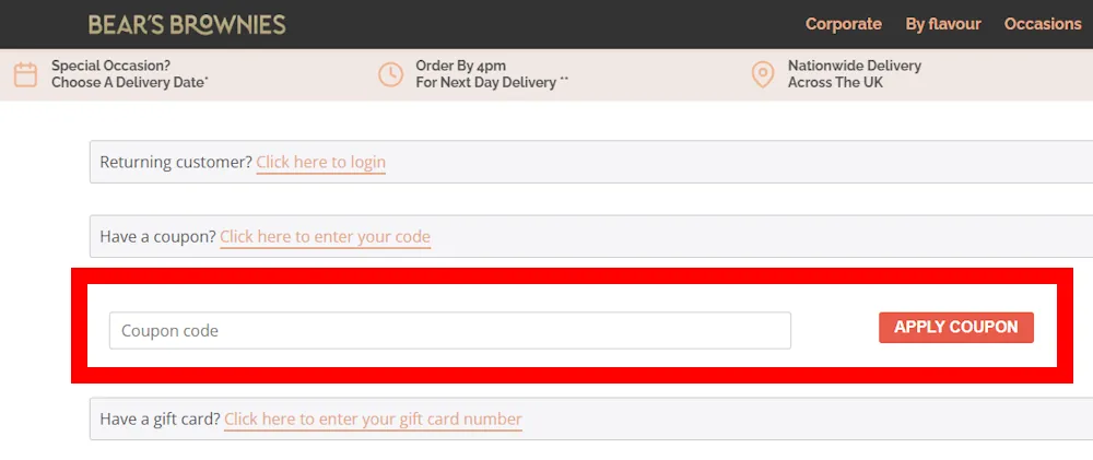 Screenshot showing where to apply a Bear's Brownies promo code at checkout on www.bearsbrownies.co.uk.