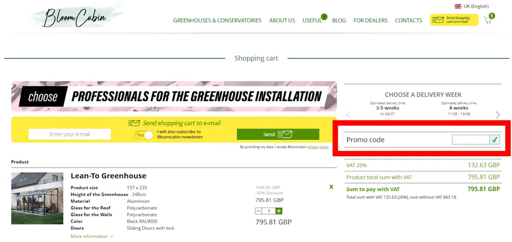 Screenshot showing where to apply a Bloomcabin promo code at checkout on www.bloomcabin.com.