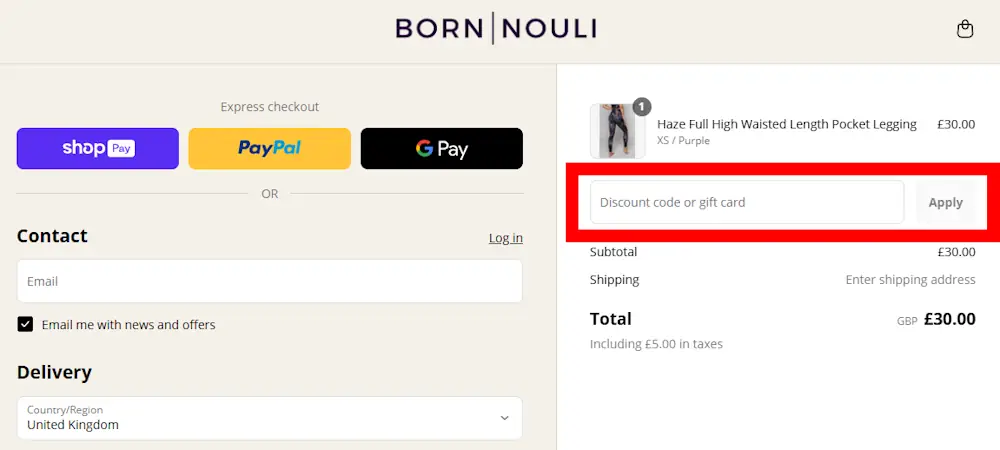 Screenshot showing where to apply a Born Nouli promo code during checkout on bornnouli.com.
