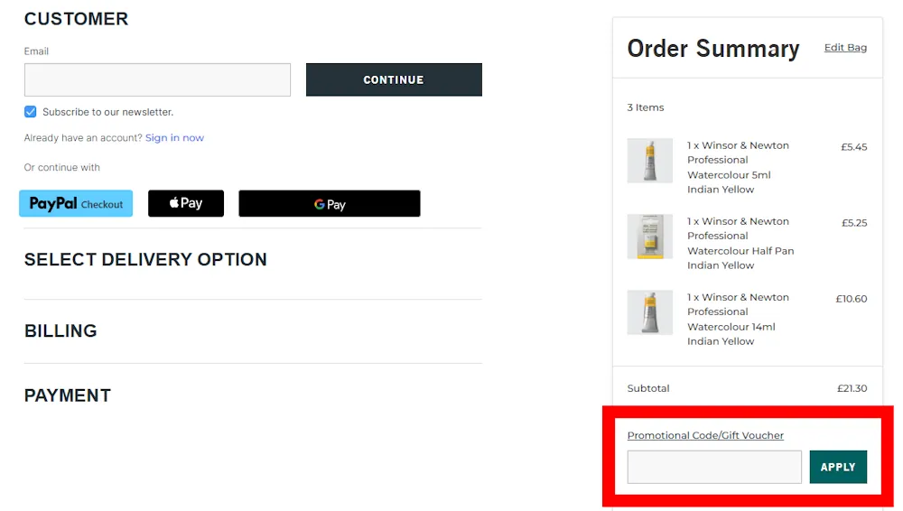 Screenshot showing where to apply a Cass Art promo code during checkout on www.cassart.co.uk.