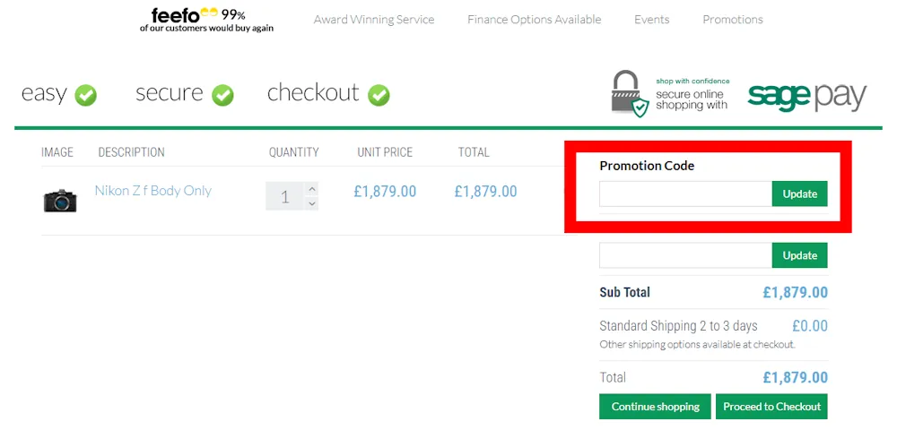 Screenshot showing where to apply a Clifton Cameras promo code at checkout on www.cliftoncameras.co.uk.