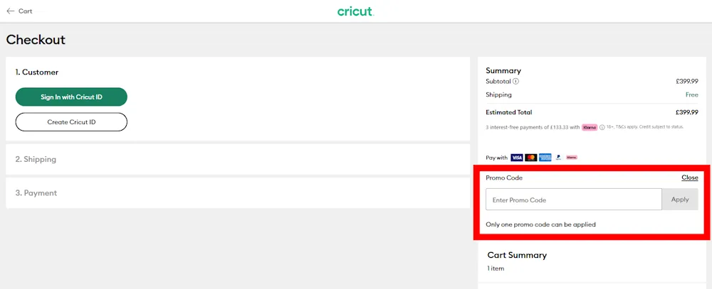 Screenshot showing where to apply a cricut promo code during checkout on cricut.com.