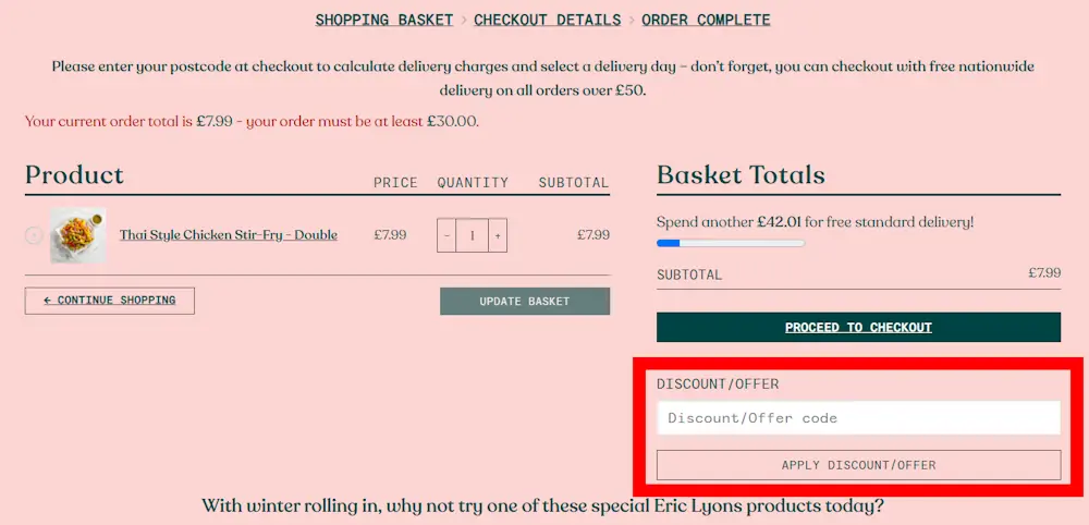 Screenshot showing where to apply a Eric Lyons promo code during checkout on www.ericlyons.co.uk.