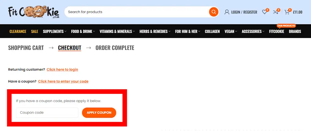 Screenshot showing where to apply a FitCookie promo code during checkout on fitcookie.co.uk.