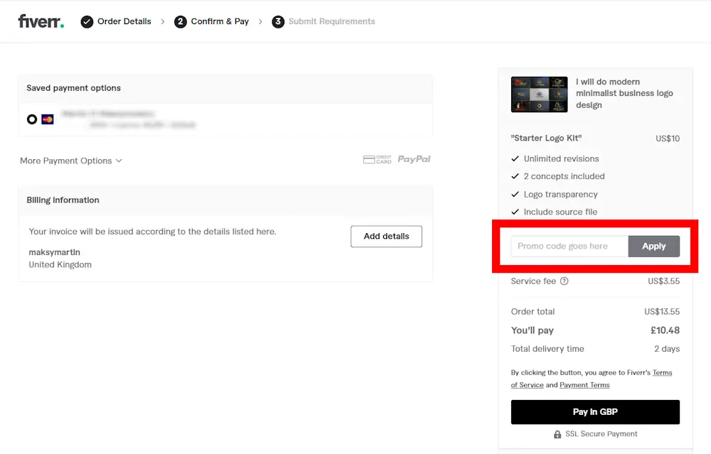 Screenshot showing where to apply a Fiverr promo code during checkout on www.fiverr.com.
