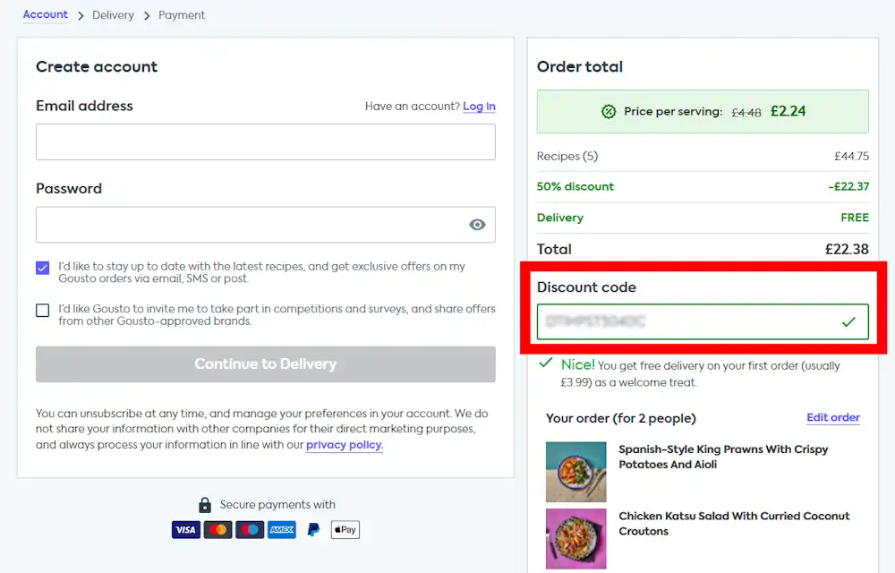 Gousto discount code box at checkout showing where to apply voucher