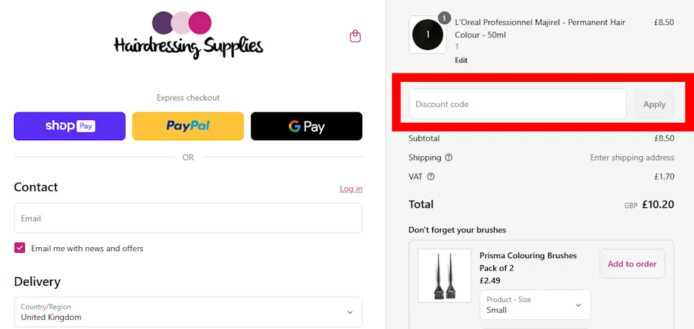 Screenshot where to use your Hairdressing Supplies voucher on hairdressingsupplies.com