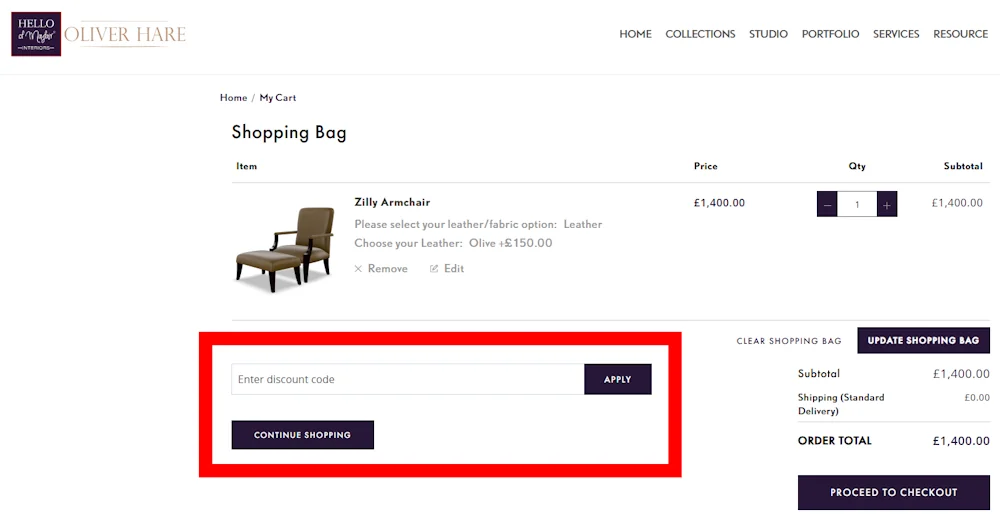 Screenshot showing where to apply a Hello of Mayfair promo code at checkout on www.helloofmayfair.com.