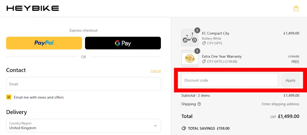 Screenshot where to enter your Heybike voucher on heybike.co.uk