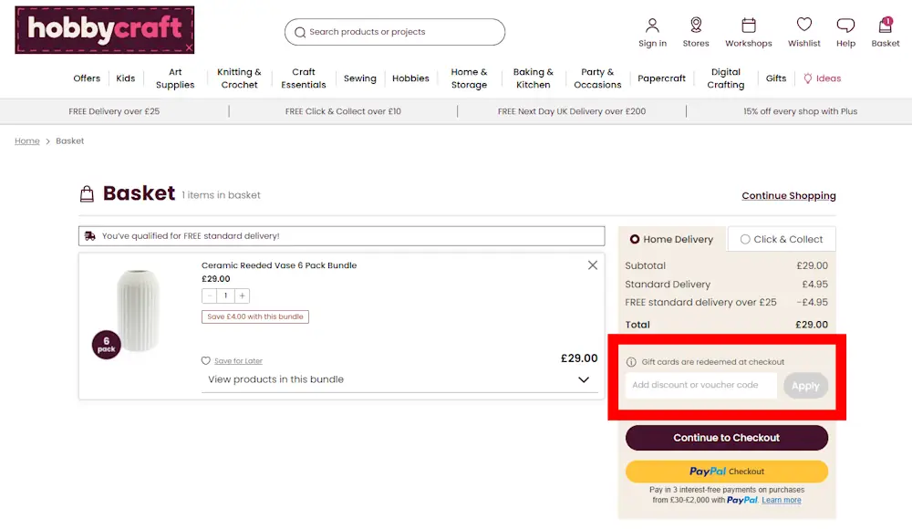 Screenshot showing where to apply a Hobbycraft promo code during checkout on www.hobbycraft.co.uk.