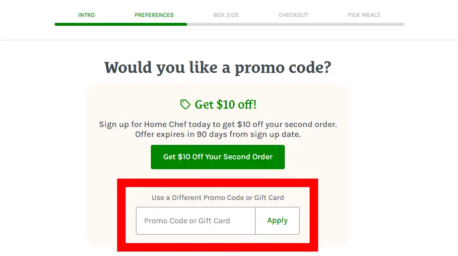 Screenshot showing where to apply a Home Chef promo code during checkout on www.homechef.com.