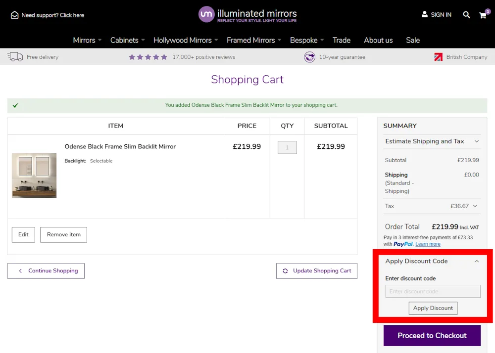 Screenshot showing where to apply a Illuminated Mirrors promo code at checkout on www.illuminated-mirrors.uk.com.