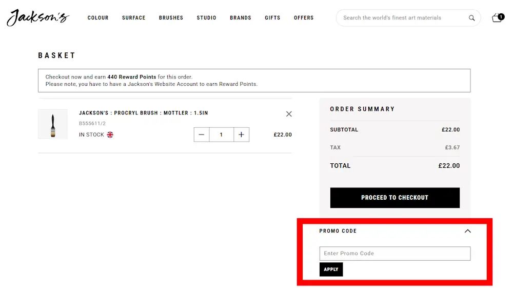Screenshot showing where to apply a Jackson’s Art Supplies promo code during checkout on www.jacksonsart.com.
