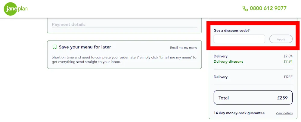 Screenshot showing where to apply a Jane Plan promo code during checkout on www.janeplan.com.