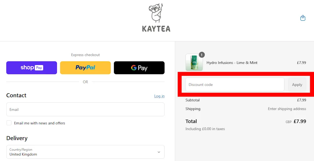 Screenshot showing where to apply a KAYTEA promo code during checkout on www.kaytea.co.uk.