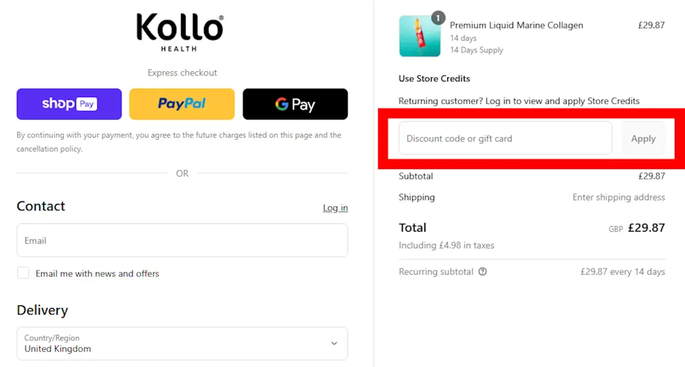 Checkout page on www.kollohealth.com showing where to enter a Kollo Health voucher code
