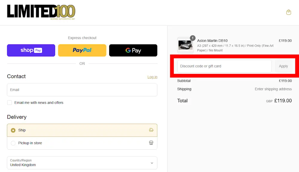 Screenshot showing where to apply a limited100 promo code during checkout on www.limited100.co.uk