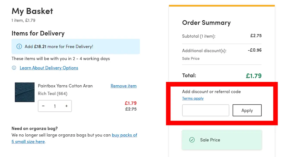 Screenshot showing where to apply a LoveCrafts promo code during checkout on www.lovecrafts.com.