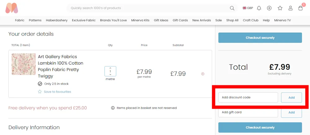 Screenshot showing where to apply a Minerva Crafts promo code during checkout on www.minerva.com.