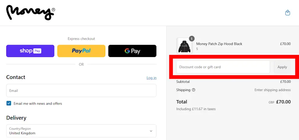 Screenshot showing where to apply a Money Clothing promo code during checkout on moneyclothing.com.
