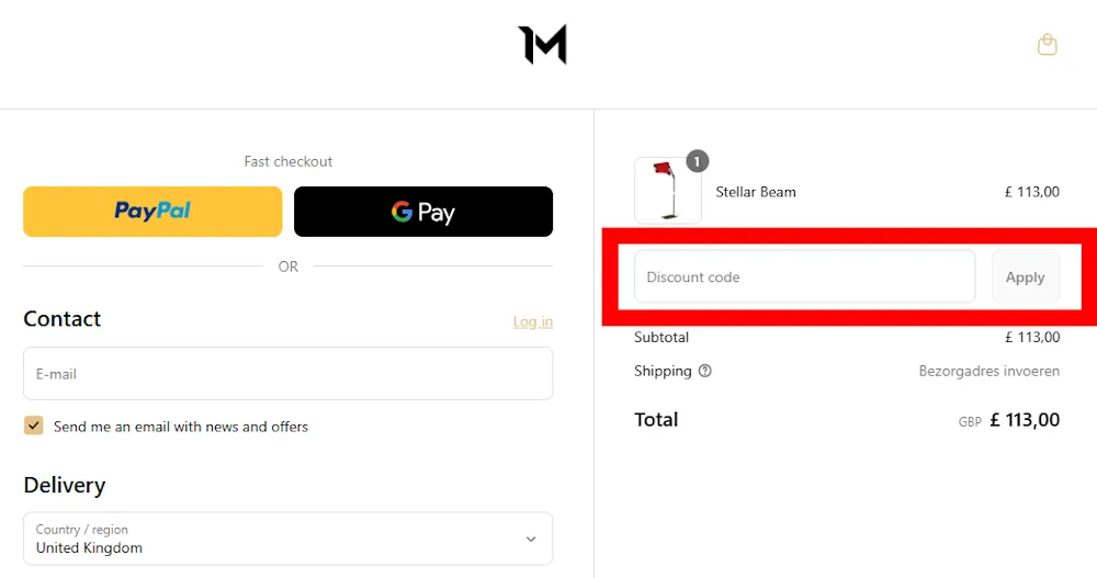 Screenshot showing where to apply a mvolo promo code at checkout on www.mvolo.nl.