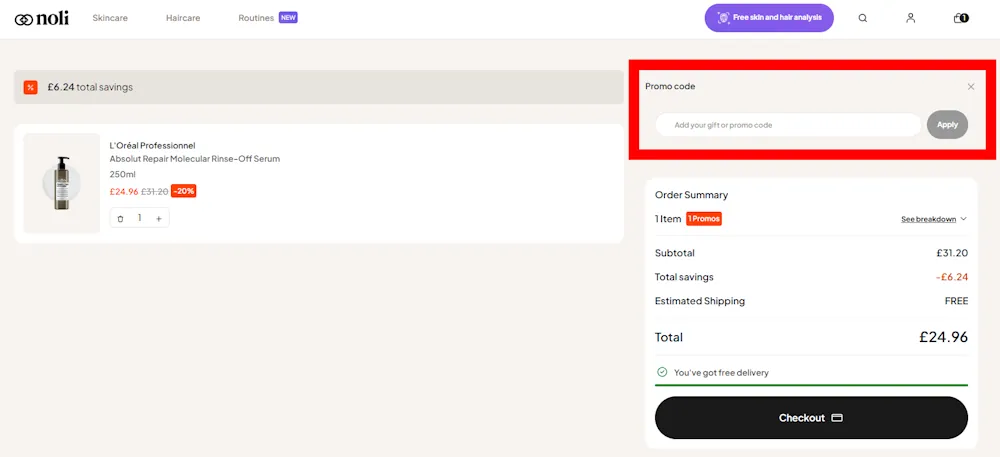 Screenshot showing where to apply a noli promo code at checkout on www.noli.com.