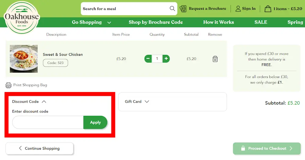 Screenshot showing where to apply a Oakhouse Foods promo code during checkout on www.oakhousefoods.co.uk.