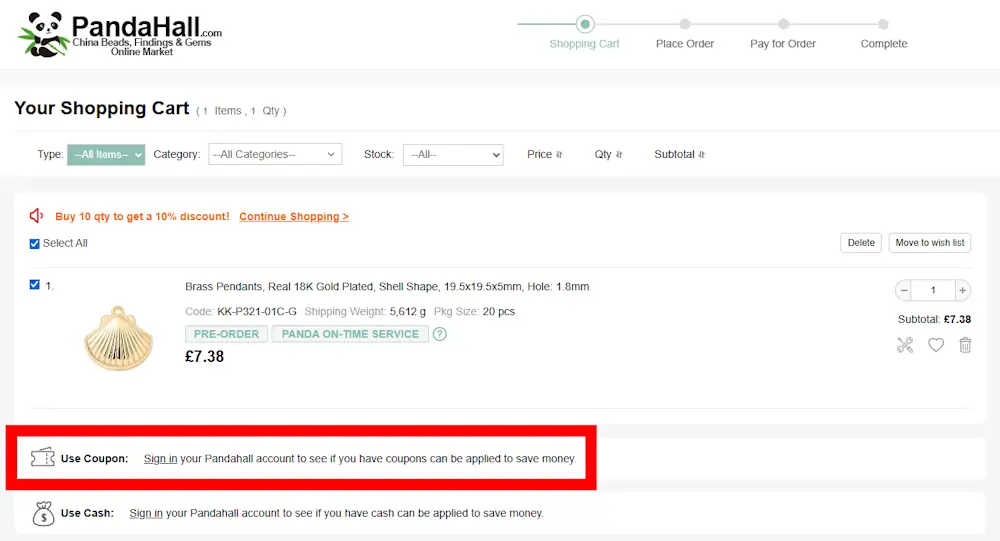 Screenshot showing where to apply a PandaHall promo code during checkout on www.pandahall.com.