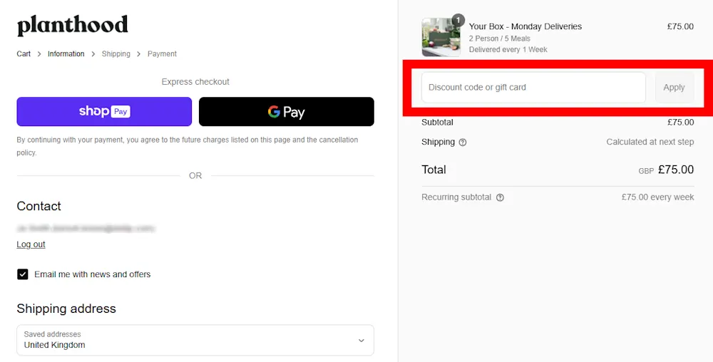 Screenshot showing where to apply a Planthood promo code during checkout on planthood.co.uk.