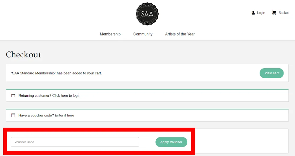 Screenshot showing where to apply a SAA promo code during checkout on www.saa.co.uk.