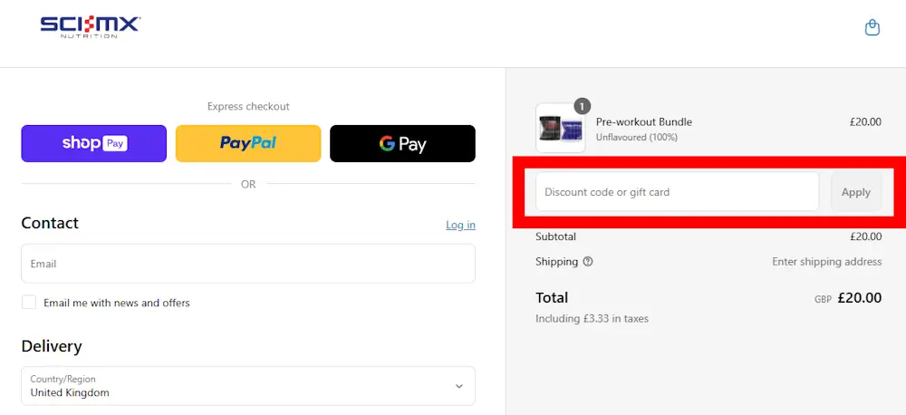 Screenshot showing where to apply a SCI-MX promo code during checkout on sci-mx.co.uk.