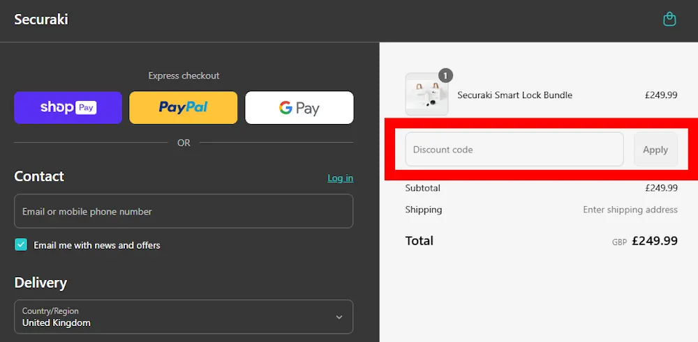 Screenshot showing where to apply Securaki promo code at checkout on www.securaki.com.
