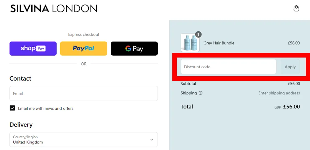 Screenshot showing where to apply a Silvina LONDON promo code at checkout on www.silvinalondon.com.
