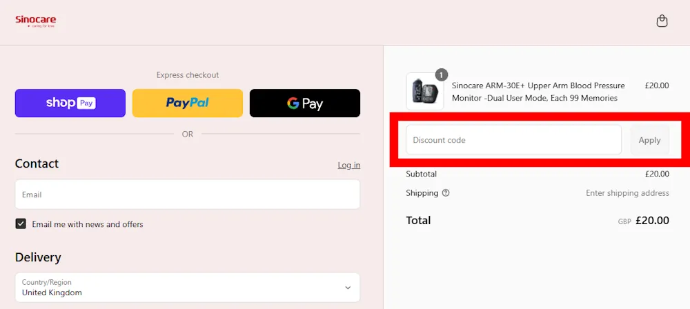 Screenshot where to put your Sinocare promo code on en.sinocare.com