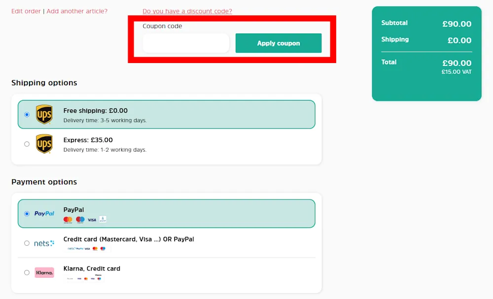 Screenshot showing where to apply a Solarplexius promo code during checkout on www.solarplexius.co.uk.