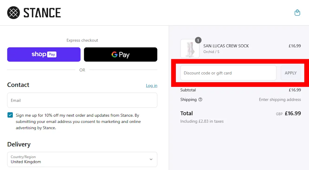 Screenshot showing where to apply a Stand promo code at checkout on uk.stance.com.