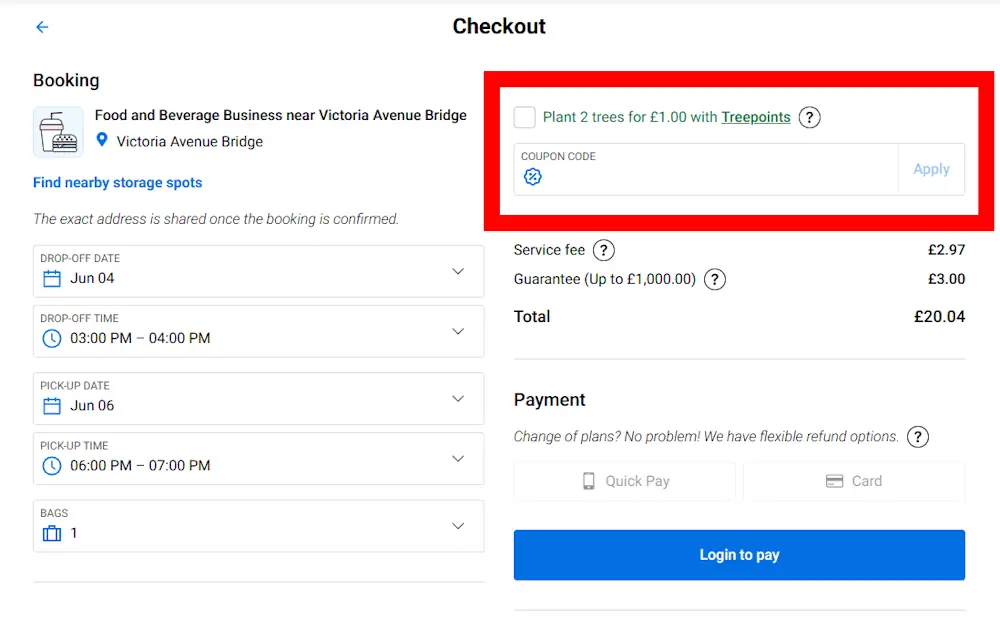 Screenshot showing where to apply a stasher promo code during checkout on stasher.com.