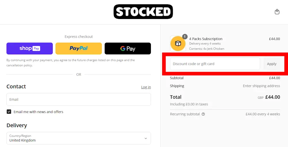 Screenshot showing where to apply a STOCKED promo code during checkout on stockedfood.com.