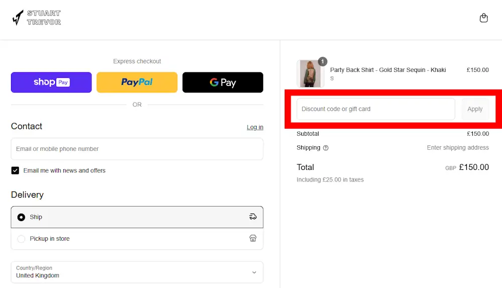 Screenshot showing where to apply a Stuart Trevor promo code during checkout on stuarttrevor.com.