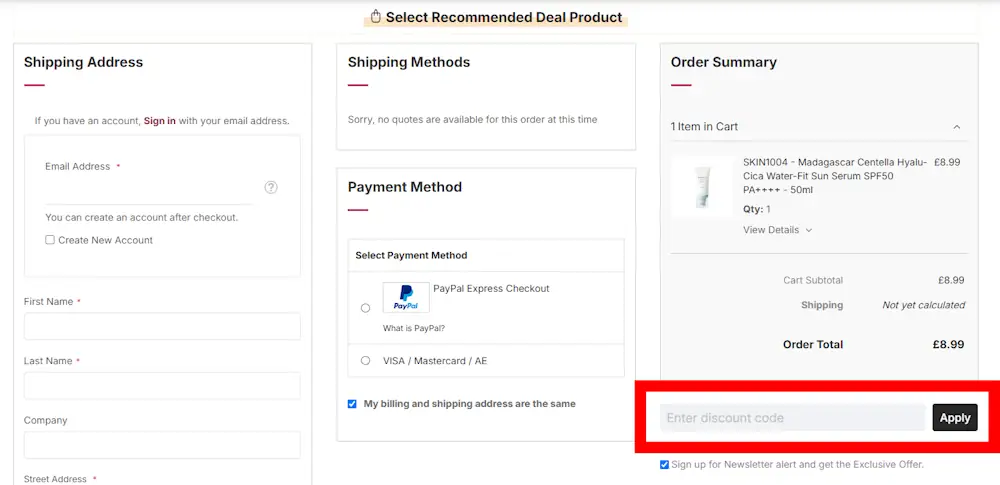 Screenshot showing where to apply a Stylevana promo code during checkout on www.stylevana.com.