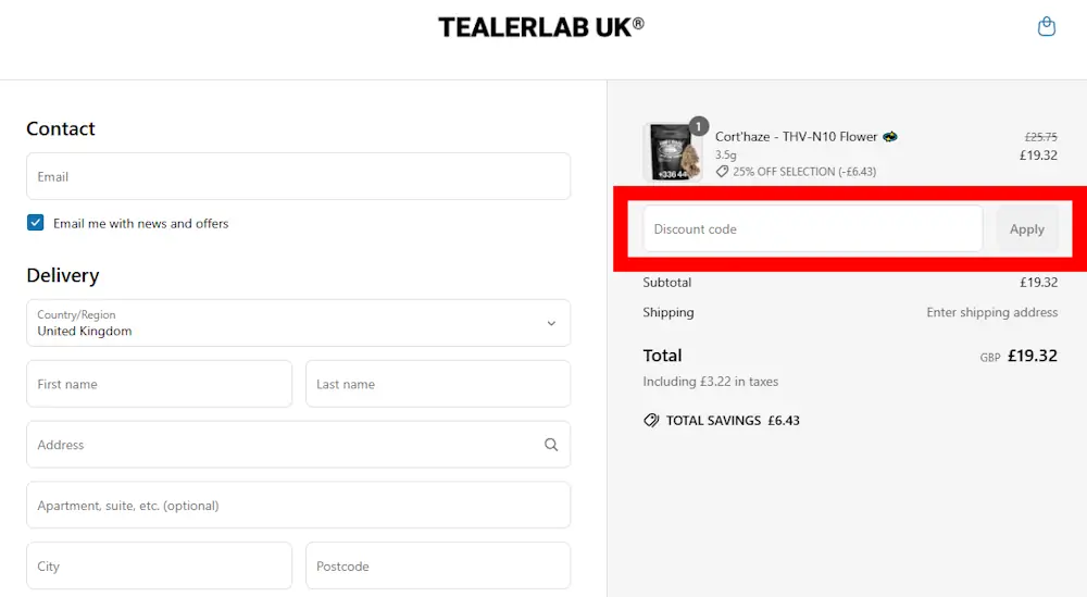 Tealerlab discount code box at checkout showing where to apply promo codes for CBD products.