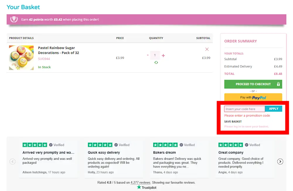 Screenshot showing where to apply a The Craft Company promo code during checkout on www.craftcompany.co.uk.