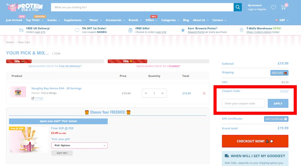 Screenshot showing where to apply a Protein Pick and Mix promo code during checkout on www.proteinpickandmix.co.uk.