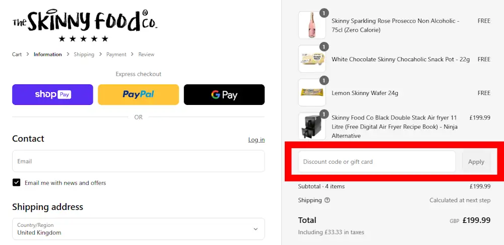 Screenshot showing where to apply a The Skinny Food Co promo code during checkout on theskinnyfoodco.com.